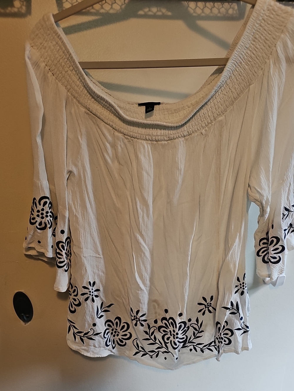 torrid White Off-Shoulder Tunic with Blue Floral Embroidery